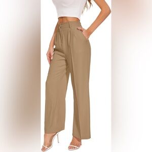 Tan Wide Leg High-Rise Pants with Flowing Silhouette